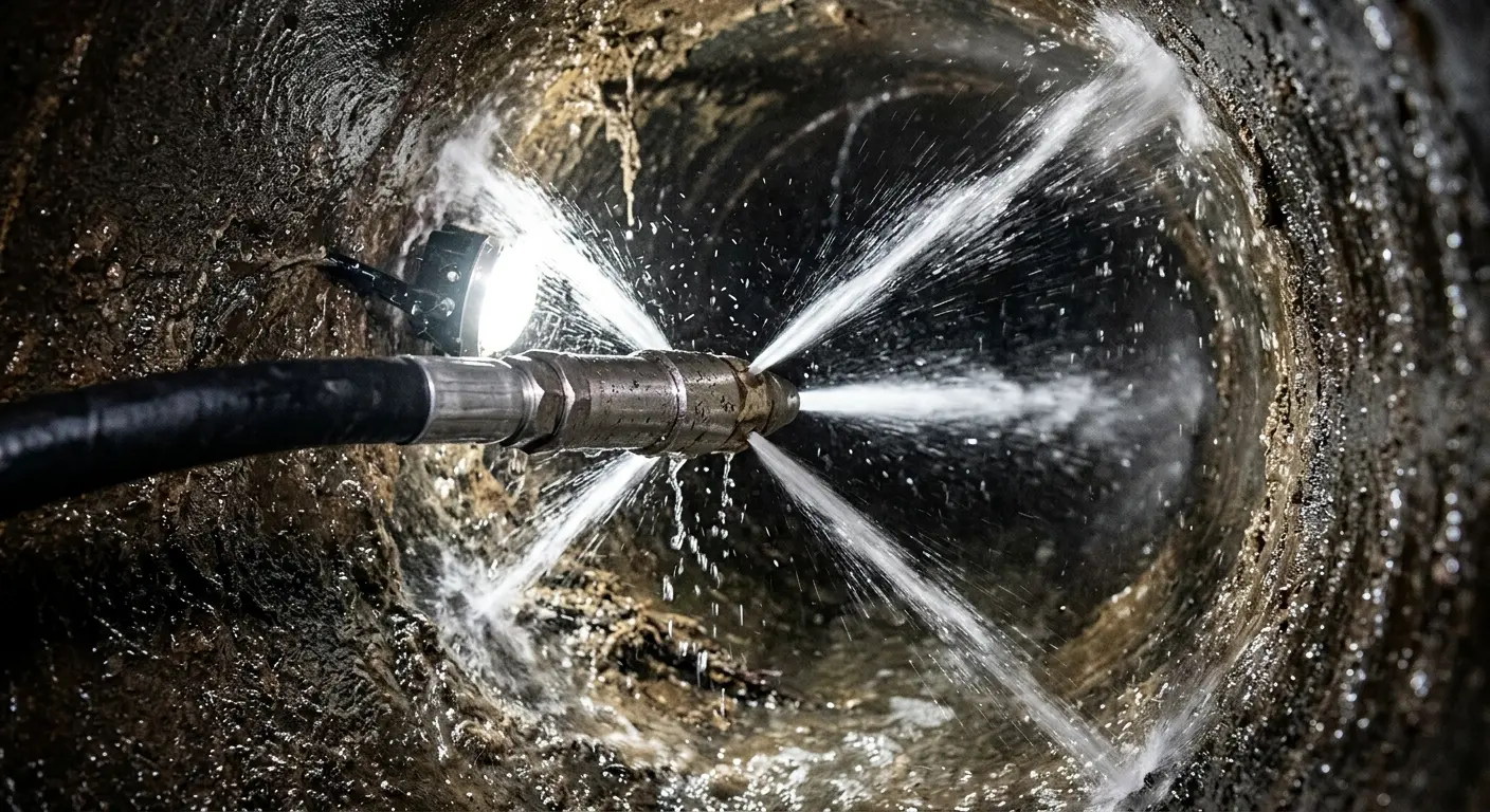 High-pressure hydro jetting nozzle cleaning sewer pipe for Sewer Cleanout in New Haven